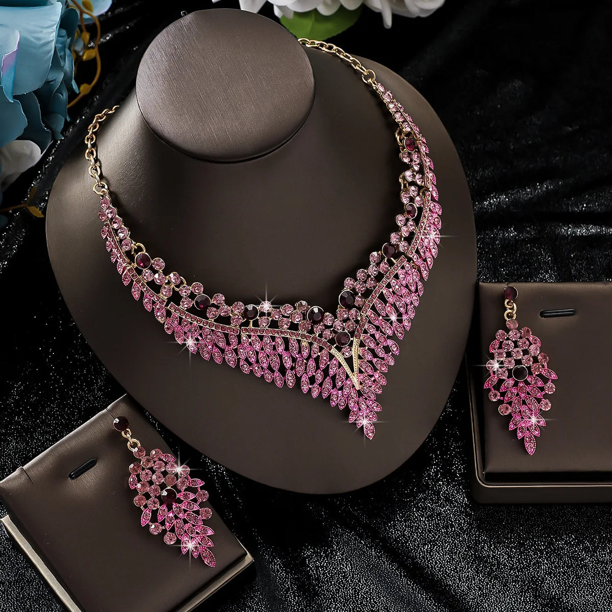 FYUAN Luxury Inlay Rhinestone Necklace Earrings For Women Purple Crystal Water Drop Pendant Wedding Bride Jewelry Sets