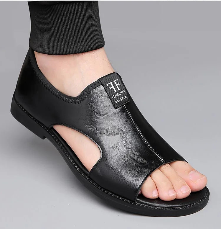 New Style Perforated, Breathable and Anti-Slip Outerwear Casual Leather Slip-On Sandals for Men Size 48 Large Size