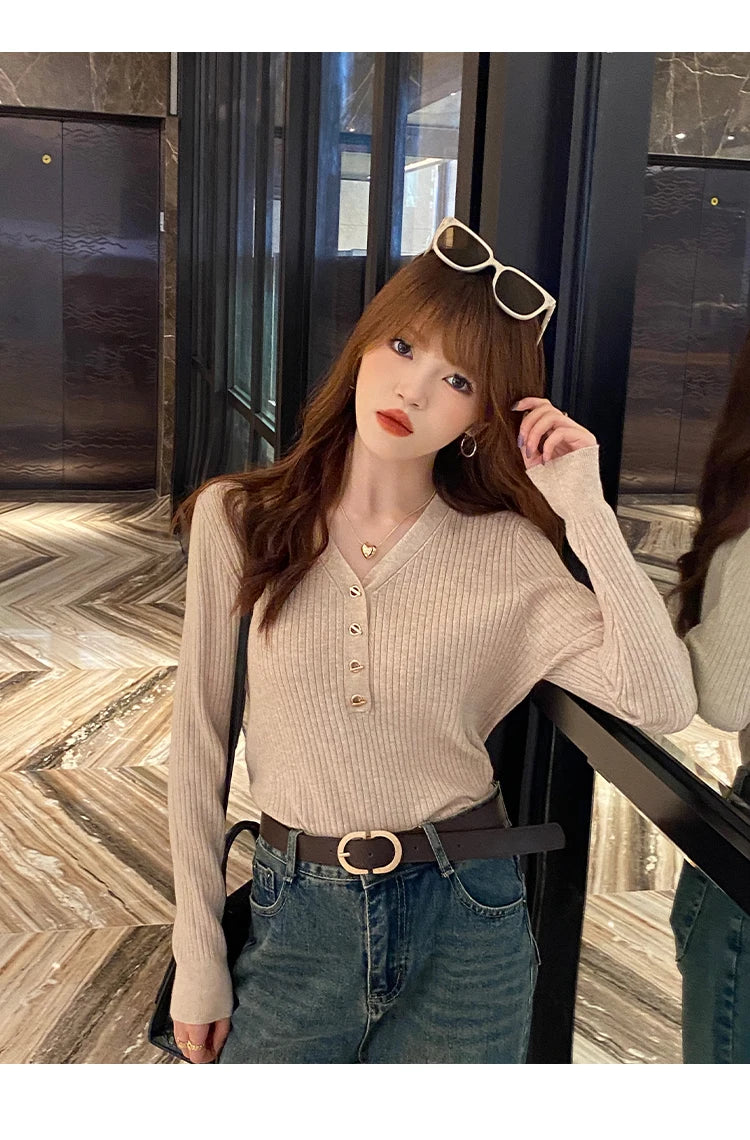 2026 Casual Slim Button Knitted Pullover Autumn Winter Women Sweaters Sweater Femme Basic Solid Jersey Tops Fashion Clothes
