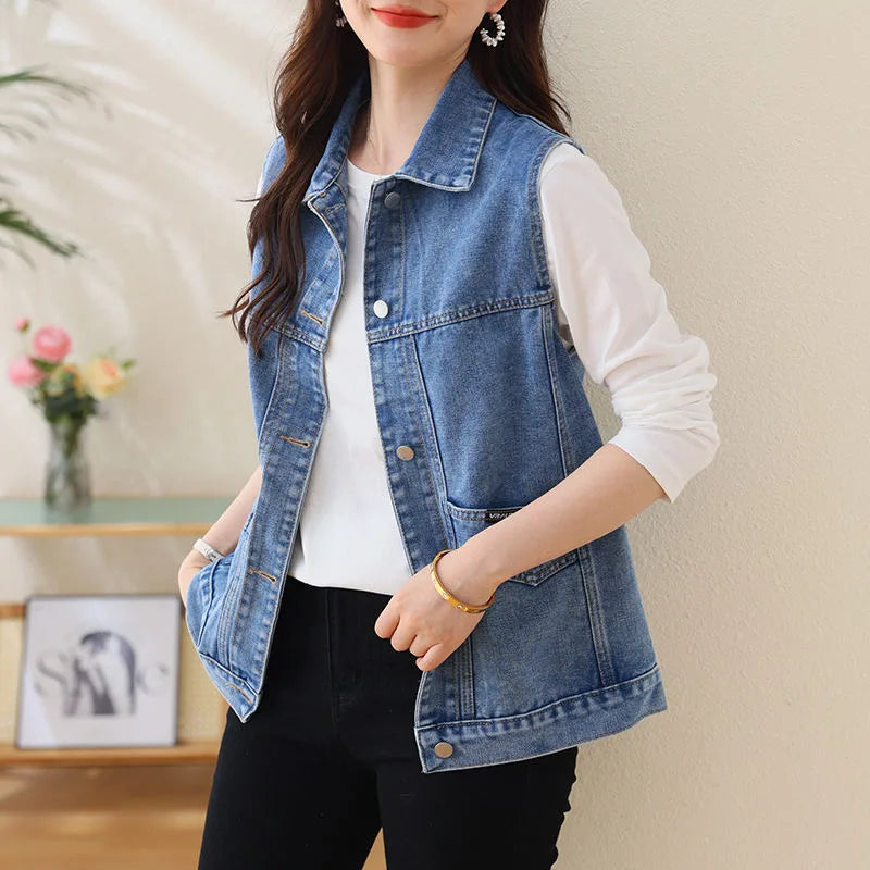 Faionable Embroidered Letter Denim Vest Women's Spring Summer New Sle Svel oulder Pad Thin Outerwear  Collar ...