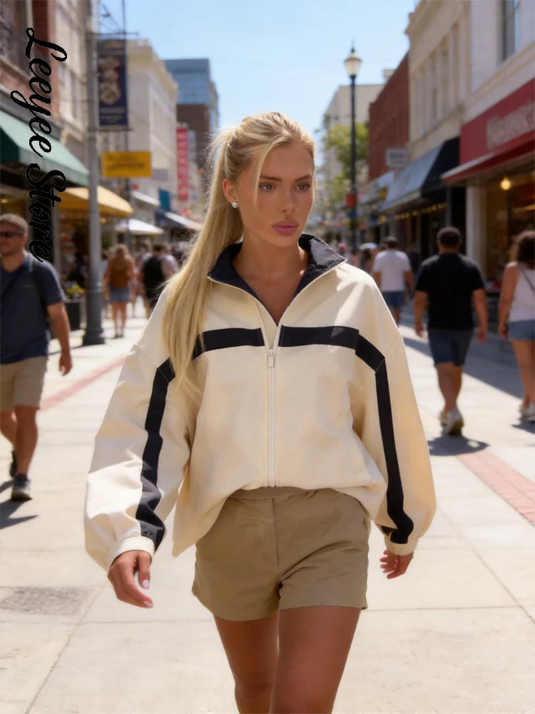 Women's Jackets Beige Black Zip Collar Crop Jacket Lapel Loose Streetwear Spring Autumn Chic Sports Outfits Short Coats 2026 New