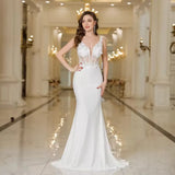 BABYONLINE Elegant Straps White Mermaid Wedding Dresses Lace Pearls Backless V Neck Sleeveless Formal Party Gowns Vestido Marriee