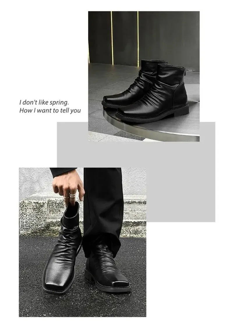Hot-Selling Leather Boots for Men Fad Square Toe Drape Casual Chelsea Boot British High-end Cool High Top Men Boots Botas Hombre