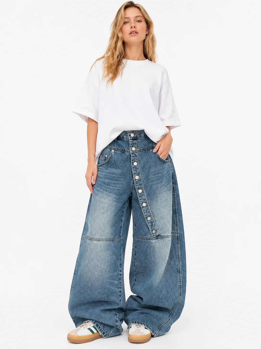 Women's Asymmetric Button Front Baggy Jeans, High Waist Vintage Washed Wide Leg Denim Pants Y2K Streetwear Loose Barrel Jeans for Daily Wear