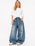 Women's Asymmetric Button Front Baggy Jeans, High Waist Vintage Washed Wide Leg Denim Pants Y2K Streetwear Loose Barrel Jeans for Daily Wear