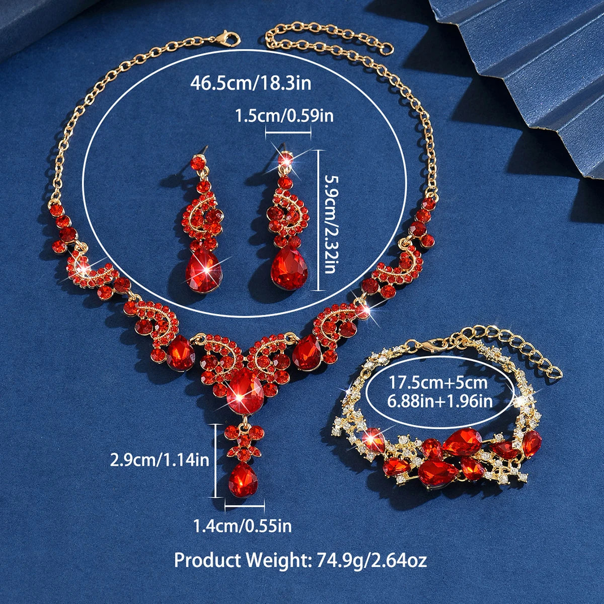 Luxury Red Crystal 3Pcs Jewelry Set Women's Gold Rhinestone Necklace Earrings Bracelet Bridal Wedding Party Accessories