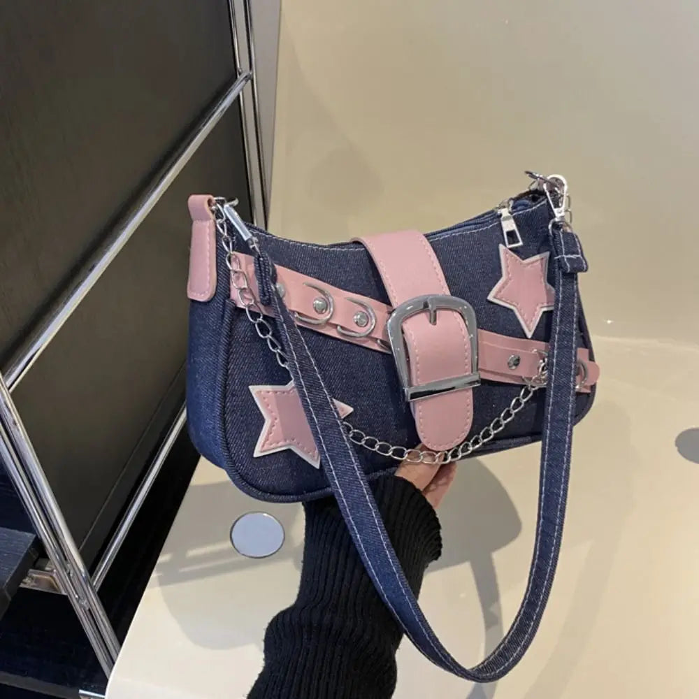 Y2k Fashion Women's Handbags Stars Pattern Cool Girls Underarm Bag Fashion Female Small Shoulder Bags Chain Tote Purses