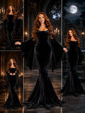Women Gothic Velvet Mermaid Maxi Dress Bat Flared Long Sleeve Bodycon Gown Dark Witch Vampire Costume Halloween Cosplay Party Outfit