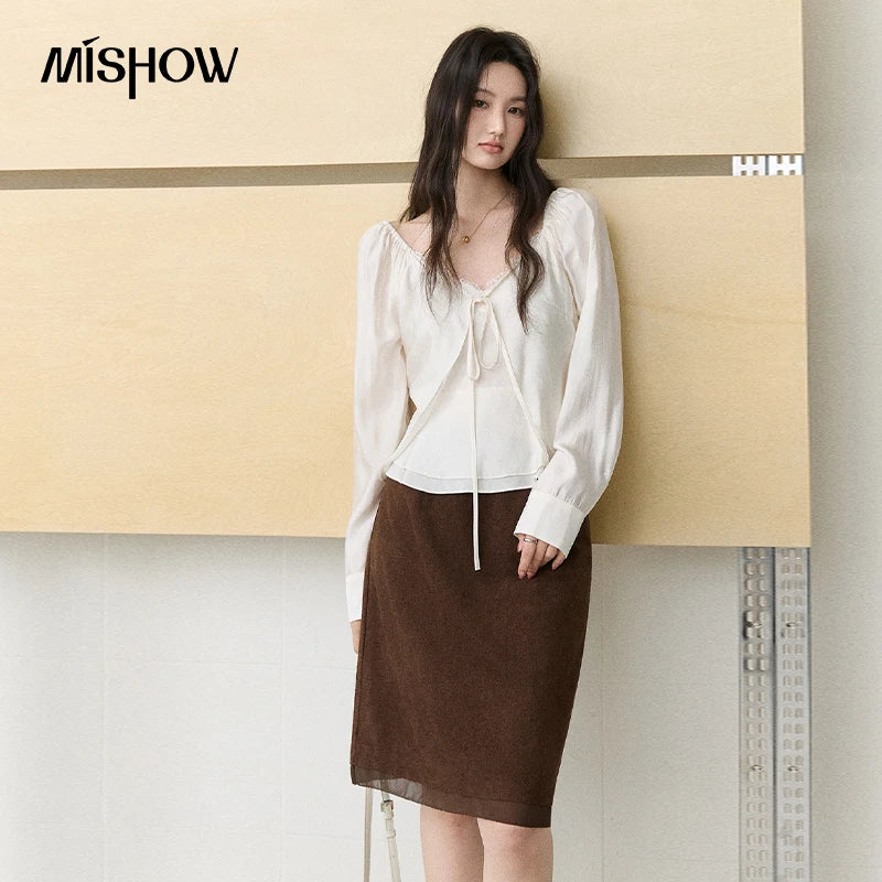 MISHOW Women's French Lace Trim Blouse 2026 Autumn V‑Neck Tie Front Loose solid blouses Babydoll Style Casual Tops MXF43X2783