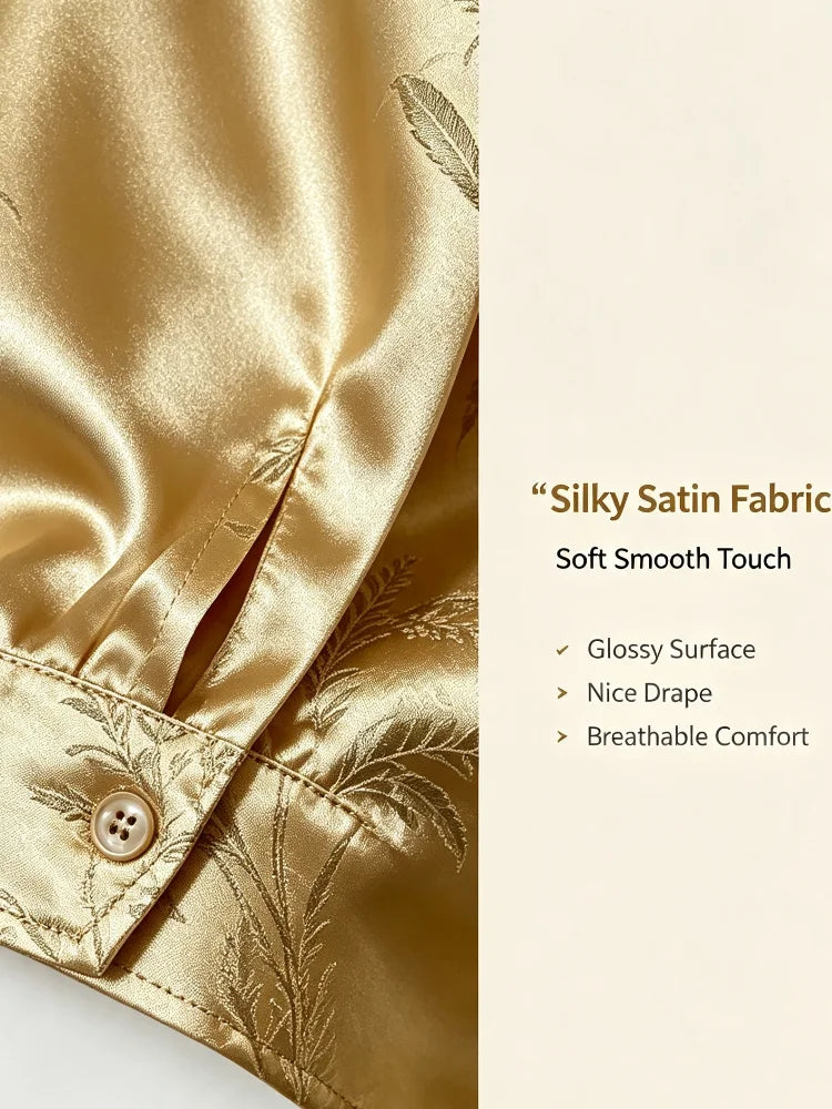Lady's Golden Shirt with Brocade Leaf Pattern Buttons, Long-Sleeved, Stand-Up Collar Top. Elegant Style, Suitable for Office Parties.