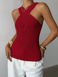 Women Crisscross Halter Knit Tank Top Hollow Out Sleeveless Slim Camisole Summer Elegant Casual Vest