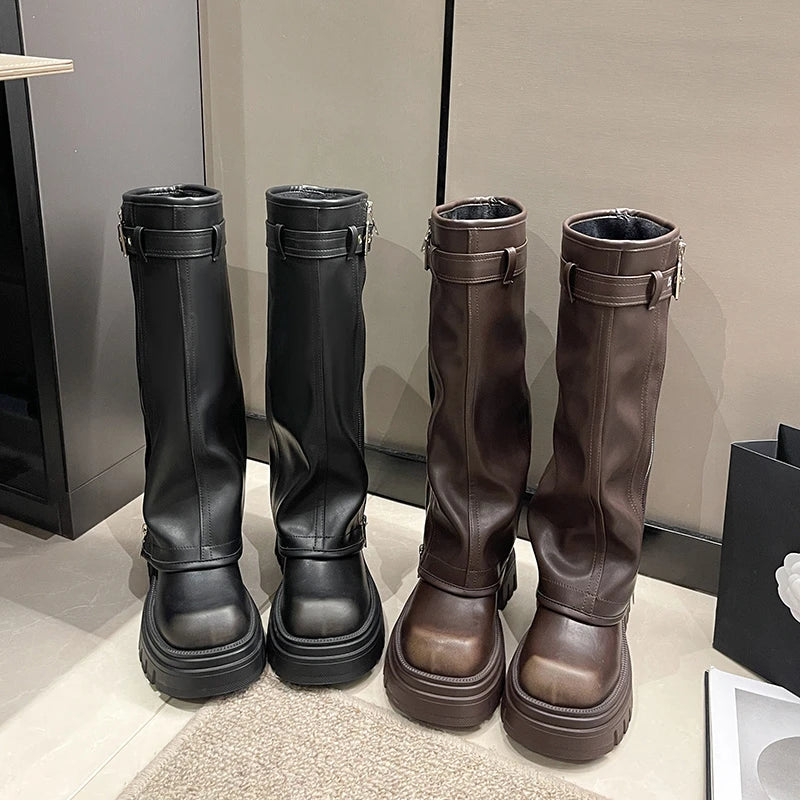 2025 Winter Women Biker Boots Fashion Belt Buckle Ladies Elegant Platform Long Pipe Booties Casual Women's Knee High Booties
