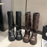 2025 Winter Women Biker Boots Fashion Belt Buckle Ladies Elegant Platform Long Pipe Booties Casual Women's Knee High Booties
