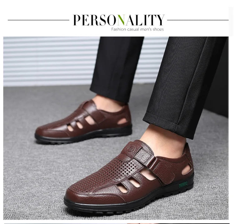 Men's Genuine Leather Sandals Men Summer Hollow Breathable Leather Shoes Mens Casual Soft Comfortable Flats EU Sizes 38-48