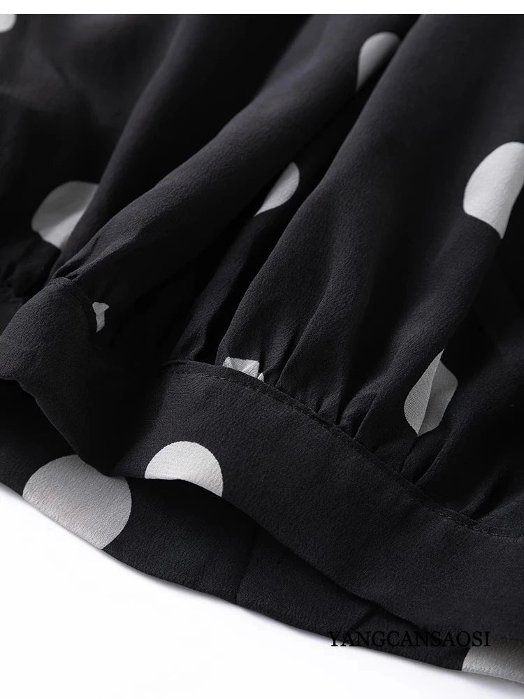 Modern Large Polka Dot 100% Natural Mulberry Silk Crepe De Chine Elastic Waist Women's Fashionable Cropped Lantern Pants