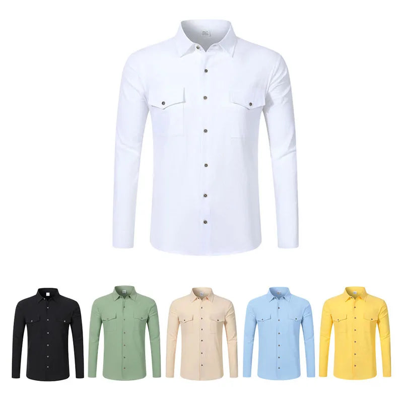 2026 New Men's Long Sleeve Casual Shirt Double Chest Pocket Button Up Soft Loose Linen Comfy Daily Work Street Outdoor Wear Tops