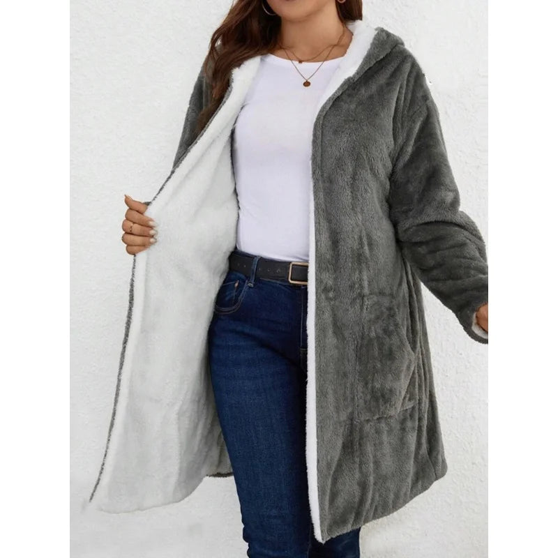 Women Fuzzy Fleece Lined Hooded Long Open Cardigan Warm Sherpa Trim Mid Length Coat With Side Pockets Loose Winter Outerwear
