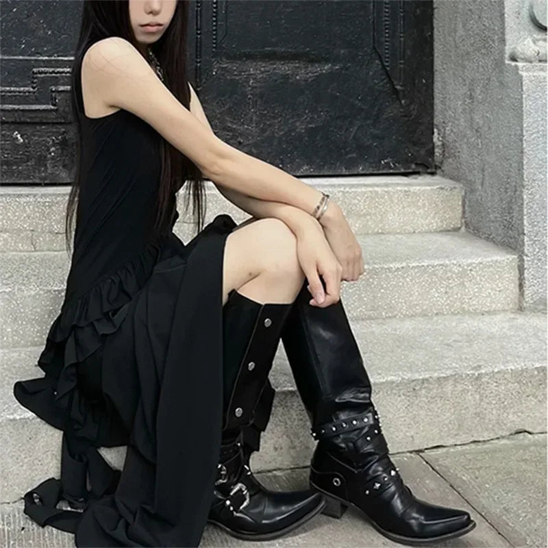 Woman Black Punk Knee High Platform Low Heel Trend Punk Gothic New Rock Leather Fashion Women Chunky Knight Motorcycle Footwear