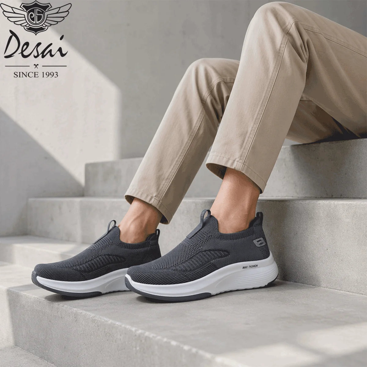 Desai Men's Wide Width Knit Slip-on Sneakers Max Cushion Walking Shoes Lightweight Breathable