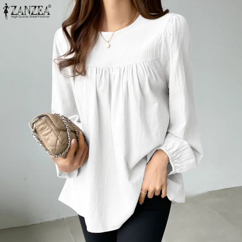 ZANZEA Elegant Solid Blouse Women Long Sleeve O Neck OL Work Shirt Spring Autumn Fashion Tunic Tops Blusas Female Loose Chemise