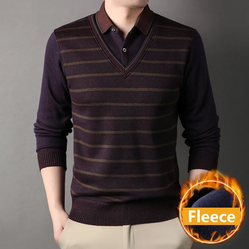 Mens Thick Sweater Pullover Fleece Lined Fake Two Piece Knitwear Fashion Casual Business Pullovers