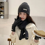 Solid Color Touch Screen Gloves Women Korean Autumn Winter Warm Knitted Three-piece Set Scarves Gloves Hat Women's Glove Sets