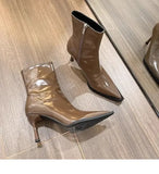 Ankle Boots Vintage Autumn New Fashion High Heels Women's Sexy Pointed Toe patent leather skinny boots Women Brown Short Booties