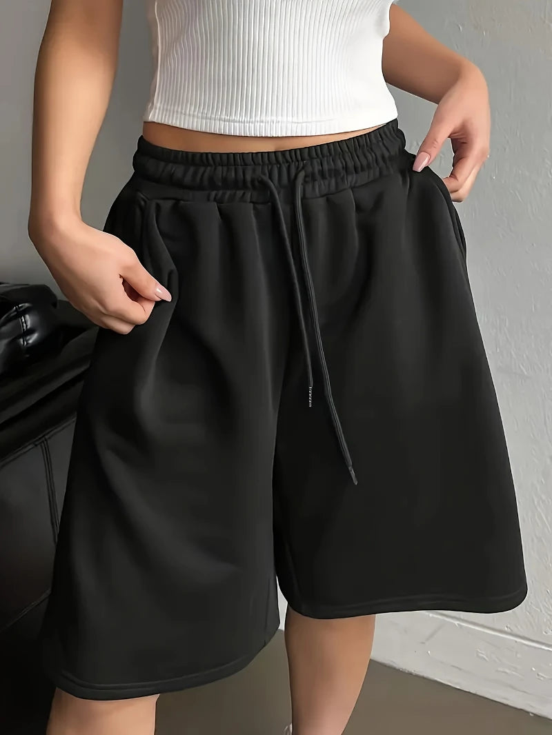Plus Size - Plus Size - Plus Size Women'S Casual Solid Color, Machine Washable Fabric with Drawstring Pocket Shorts