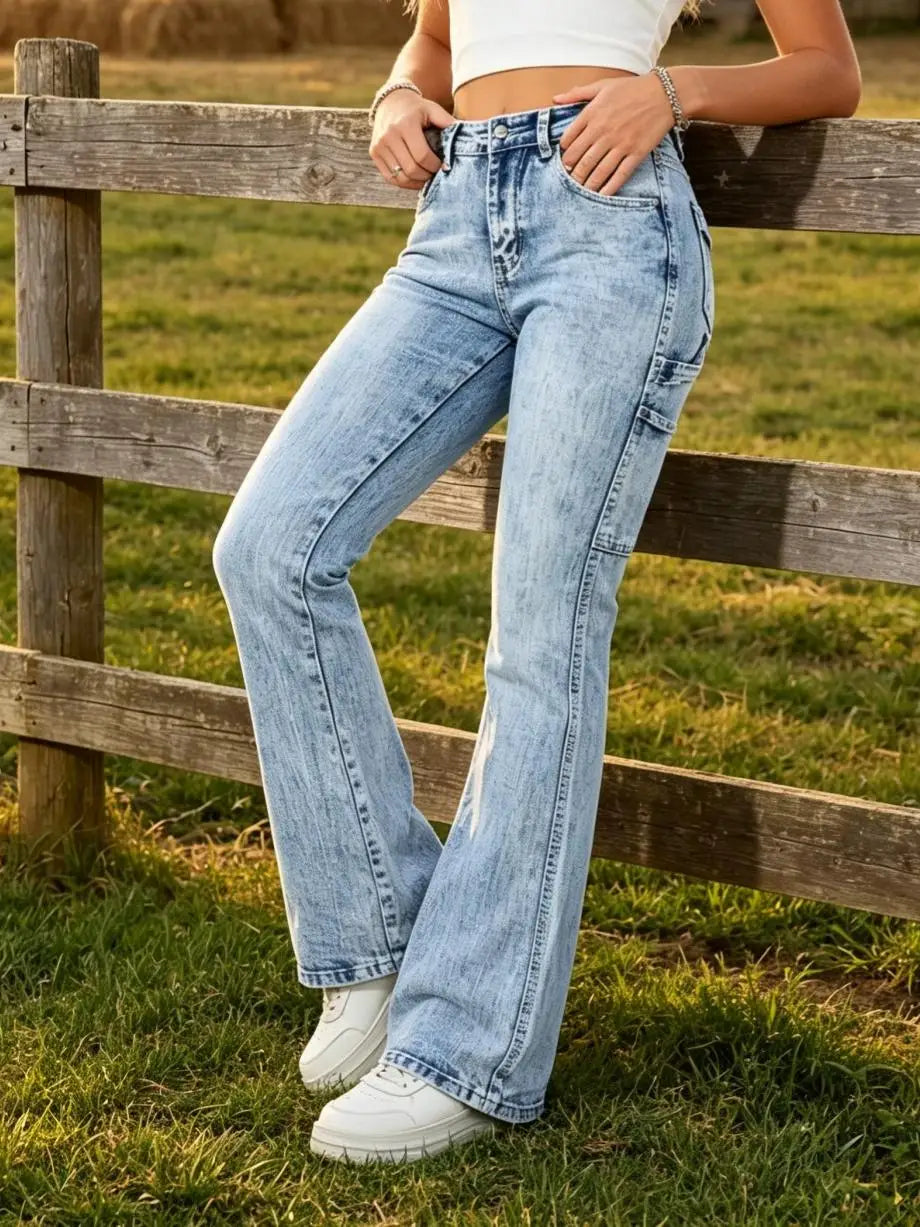 【HME】Jeans | Women Carpenter Pocket Design Denim Pants, High Waist Flare Bootcut Denim Jeans, Light Blue Snow Stone Wash, Tummy Control Butt-Lifting Optimize Waist-Hip Ratio, Flare Hem Lengthen Legs, American Retro Workwe