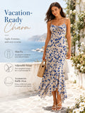 Floral Print Spaghetti Strap Maxi Dress for Women, V Neck Front Drawstring Bodycon Midi Long Dress, Slim Fit Split Hem Summer Beach Vacation Party Sundress