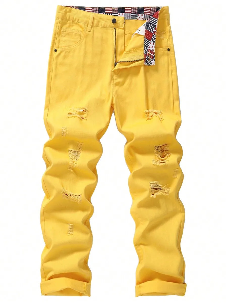 Men's Ripped Non-Stretch Regular Fit Straight-Leg Denim Pants Jeans