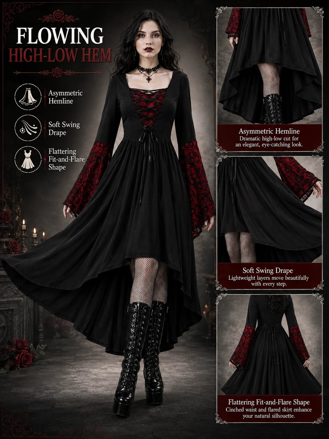 Women Gothic Medieval Dress Skull Lace Bell Long Sleeve Lace Up Front High Low Midi Dress Vintage Renaissance Witch Costume Halloween Cosplay Party Dress