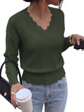 Lightweight Knit Sweaters Top For Women Daily Wear Scallop Edges V Neck Pullover Tops Autumn And Winter Long Sleeved