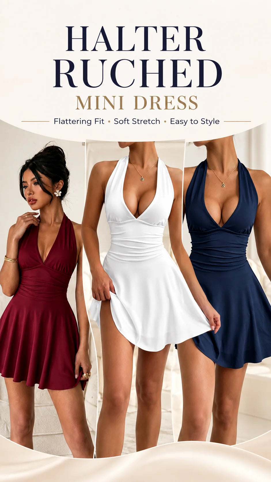 Women's Halter Deep V Neck Mini Dress, Ruched Waist Flared Ruffle Hem Bodycon Dress, Sexy Sleeveless Slim Fit Party Club Short Dress