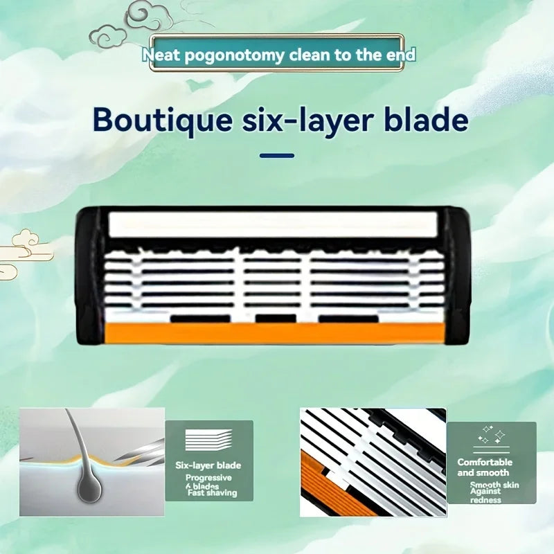 6-Layers Safety Razor Set High Quality Men Shaving Razor Sharp Stainless Steel Changeable Shaver Head Blades