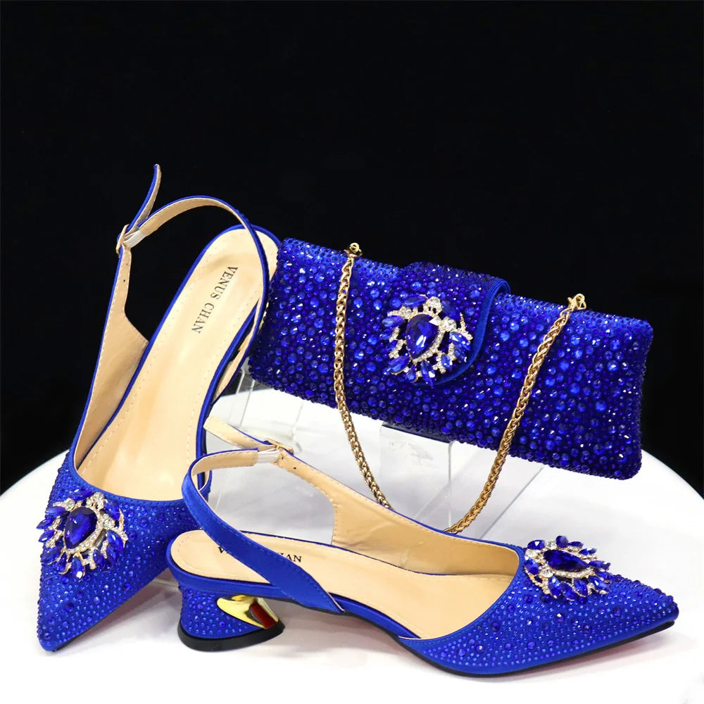 Venus Chan Royal Blue Sandals for Women 2024 Luxury Wedding Pumps Med Heels Rhinestone Design Party Shoes and Bags Set