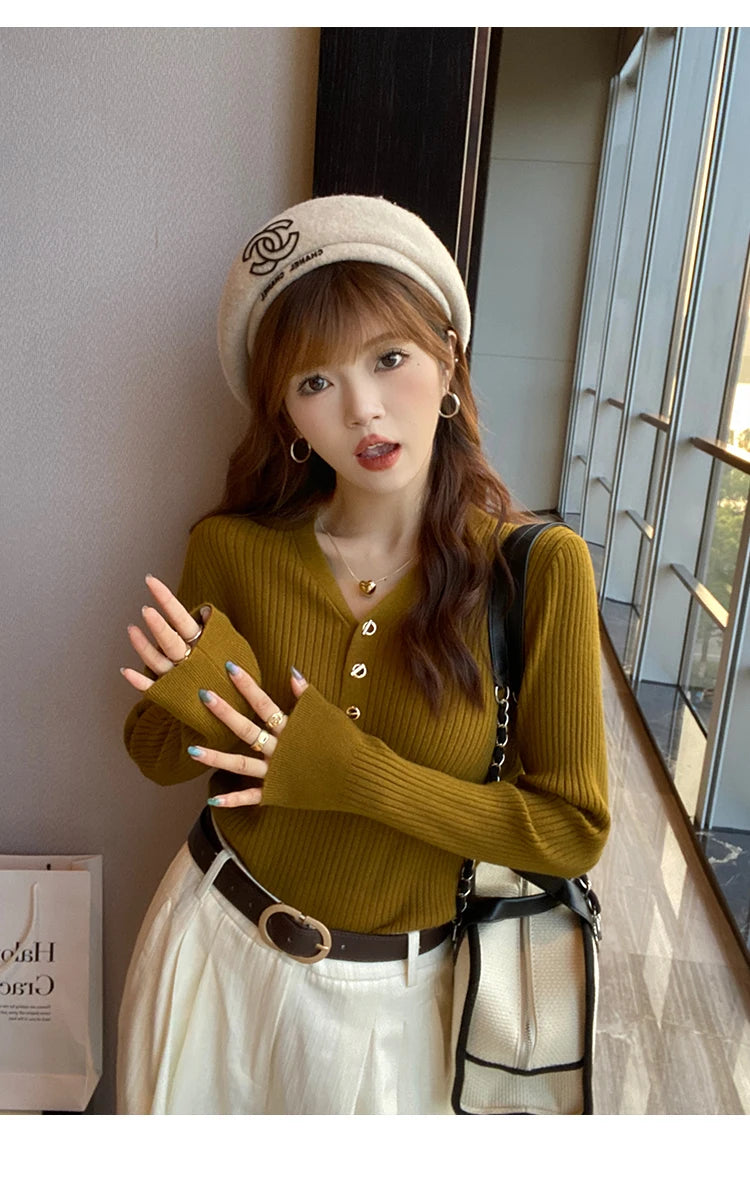 2026 Casual Slim Button Knitted Pullover Autumn Winter Women Sweaters Sweater Femme Basic Solid Jersey Tops Fashion Clothes