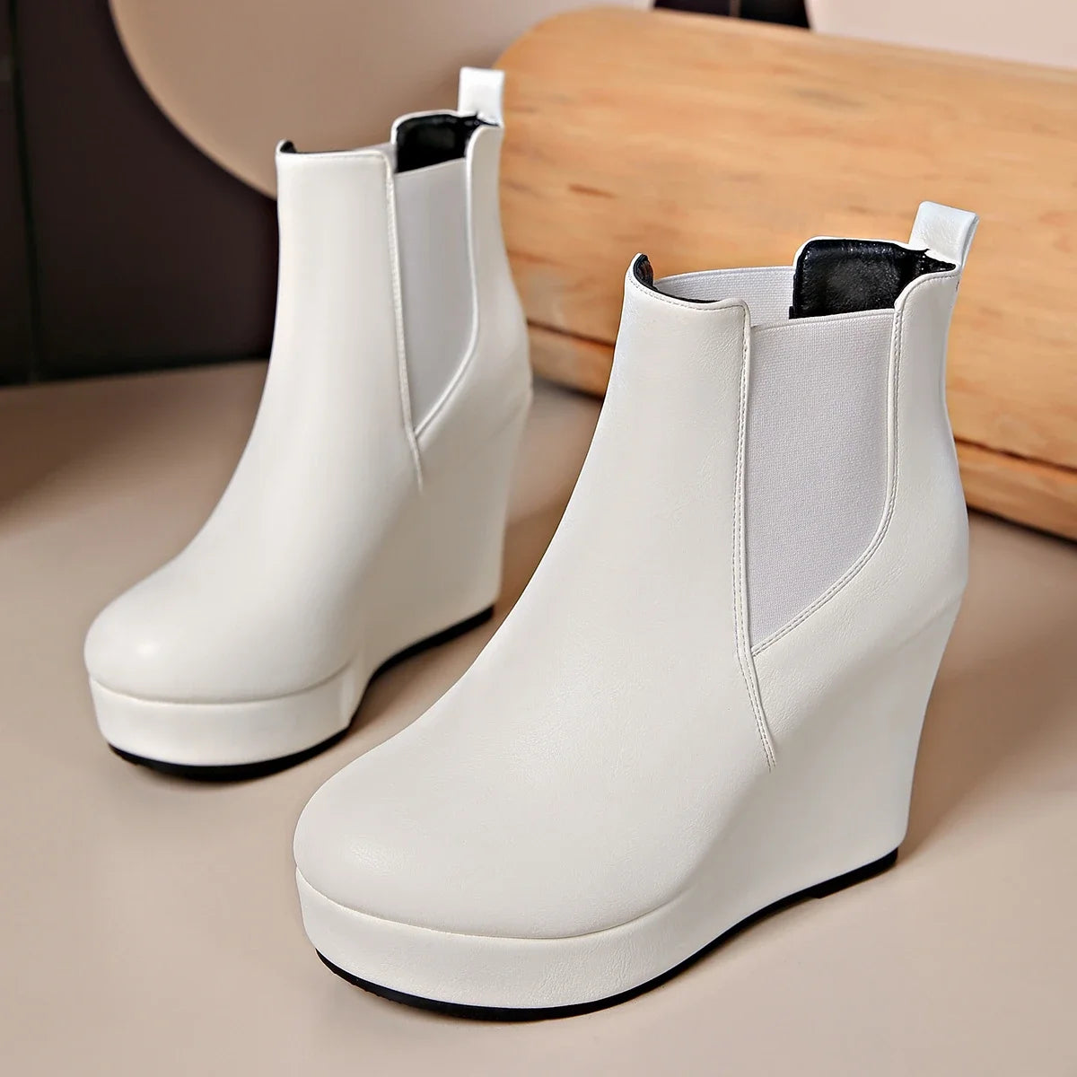Women Platform Wedge Heel Chelsea Ankle Boots, Elastic Side Slip‑On Faux Leather Solid Color Spring Autumn Casual Short Booties