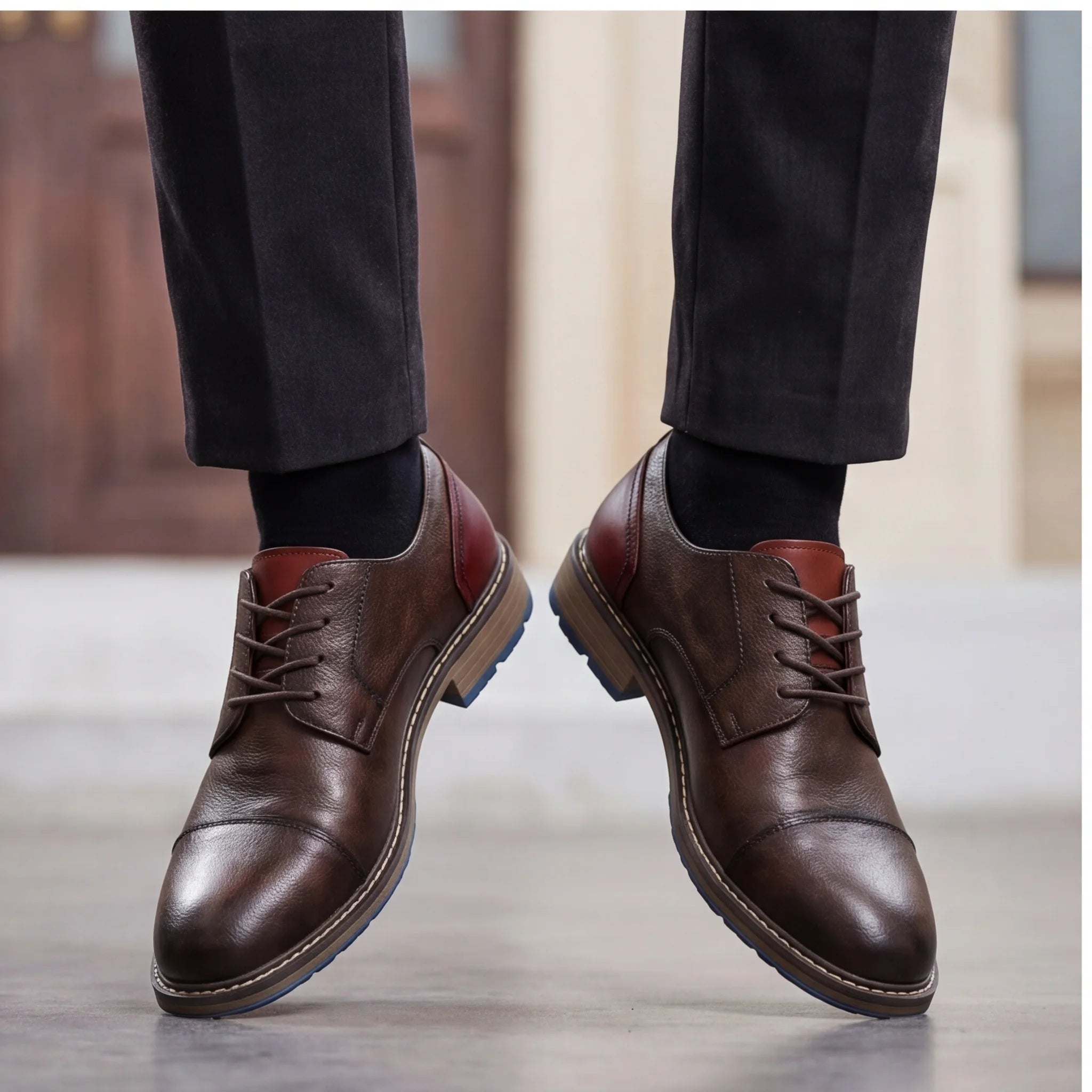 Men's Casual Leather Shoes Cap Toe Derby Lace-up Business Formal Dress Shoes Retro British Style Office Wedding Footwear