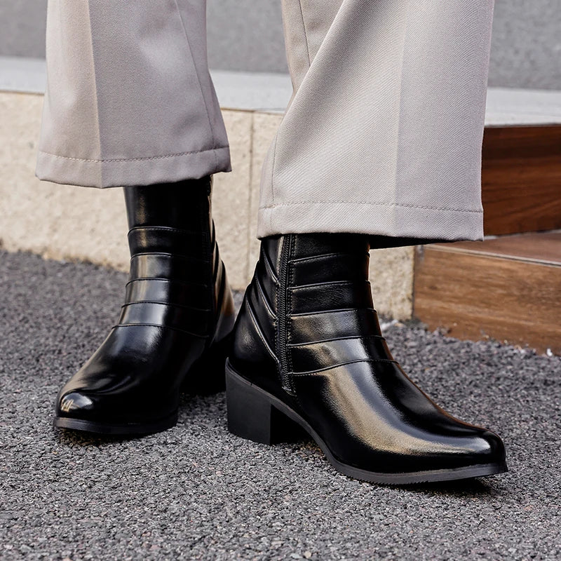 Luxury Men Boots Leather Chelsea Boots High Top Buckle Strap Formal Shoes Black British Style Ankle Boots Pointed Toe Brown Boot