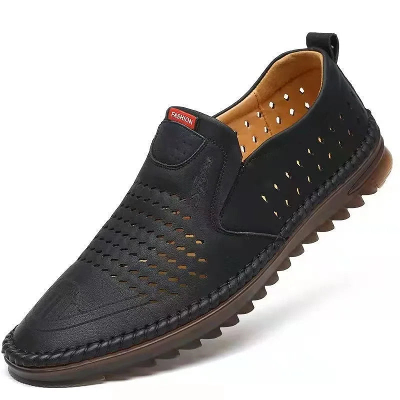Men's Genuine Leather Sandals Men Summer Hollow Breathable Leather Shoes Mens Casual Soft Comfortable Flats EU Sizes 38-48
