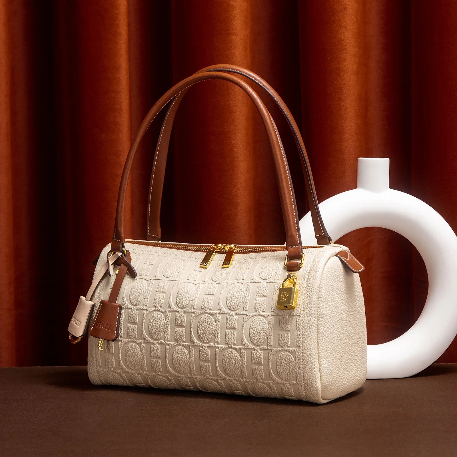 C-H Women's Boston Bag Autumn Winter New Collection Letter Design Texture Shoulder Bags
