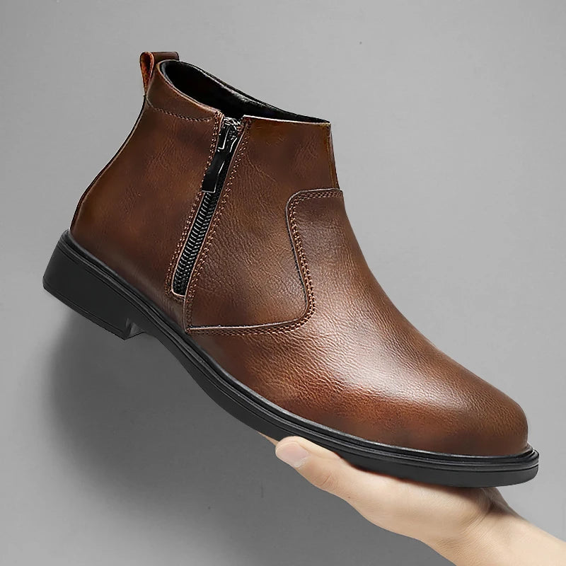 Autumn and Winter New High-Top Leather Shoes for Men, Zippered Leather Boots, Fashionable Versatile Business Casual Shoes, Men's Formal Shoes, Chelsea Boots