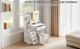 Vanity Desk Makeup Vanity Desk with Mirror and Lights, Makeup Vanity Set with Drawers, Stool and Open Shelves, 3 Color Lighting Modes Brightness Adjustable Dressing Table for Bedroom