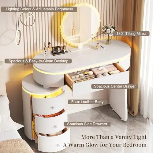 Round Makeup Vanity Desk with Mirror and Lights, Faux Leather Modern Vanity Desk with Reversible Side Cabinet, Small