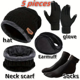 5pcs/set Winter Warmth Combination - Cold Resistant Knitted Hat+Velvet Neck+Thick Gloves+Plush Earmuffs+Snow Socks