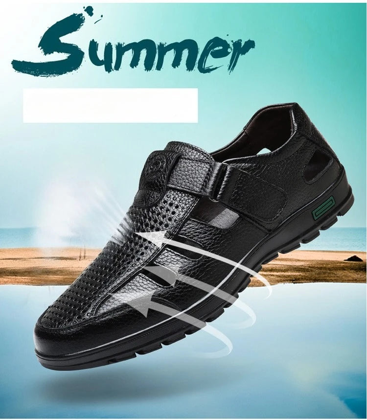 Men's Genuine Leather Sandals Men Summer Hollow Breathable Leather Shoes Mens Casual Soft Comfortable Flats EU Sizes 38-48
