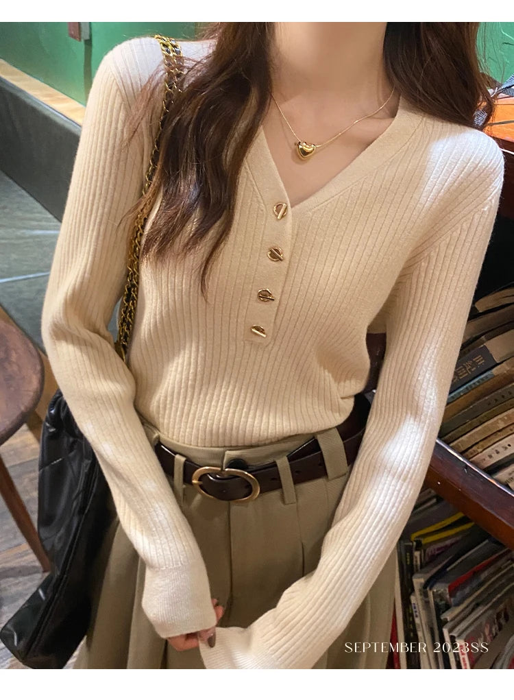 2026 Casual Slim Button Knitted Pullover Autumn Winter Women Sweaters Sweater Femme Basic Solid Jersey Tops Fashion Clothes
