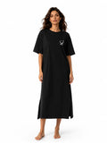 Smiley Letter Print Side Split Loose Oversized Women T‑Shirt Maxi Dress, Crew Neck Short Sleeve Casual Long Tee Dress, Soft Loungewear Nightgown, Streetwear Sundress for Daily Home Party Vacation Travel Shopping Casual Occa