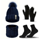 4pcs Winter Beanie Hat Gloves Scarf Caps Socks Thickened Fleece Lined Neck Cashmere Scarves Cap Set For Men Women